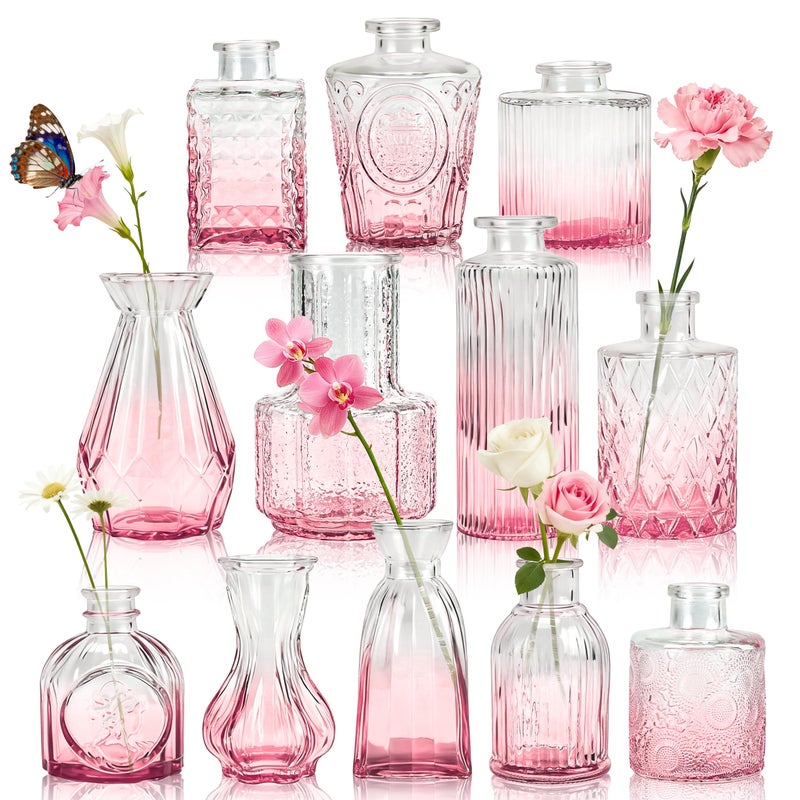 Der Rose Pink Vases Set of 12, Small Bud Vases for Flowers, Rustic Wedding Centerpieces and Home Decor - Image 1