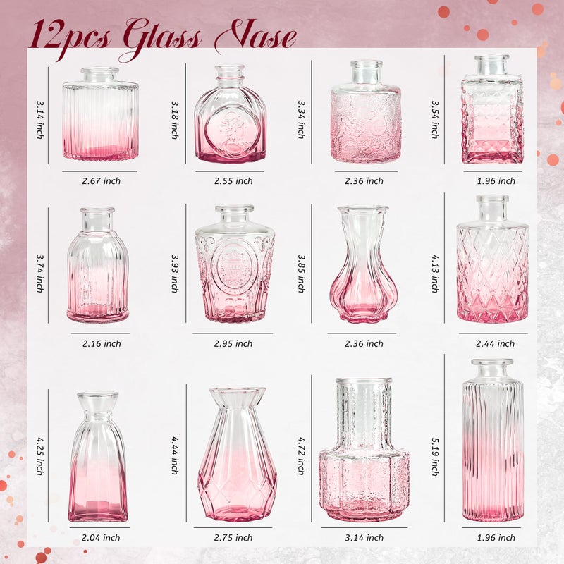 Der Rose Pink Vases Set of 12, Small Bud Vases for Flowers, Rustic Wedding Centerpieces and Home Decor - Image 3