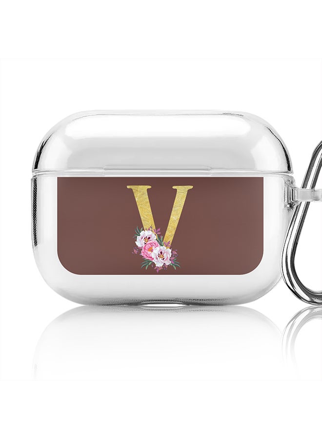 Stylizedd Classic Clear printed Case for Apple Airpods Pro Soft TPU Gel Thin Transparent Flexible Cover - Custom Monogram Initial Letter Floral Pattern Alphabet - V (Brown ) - Image 1