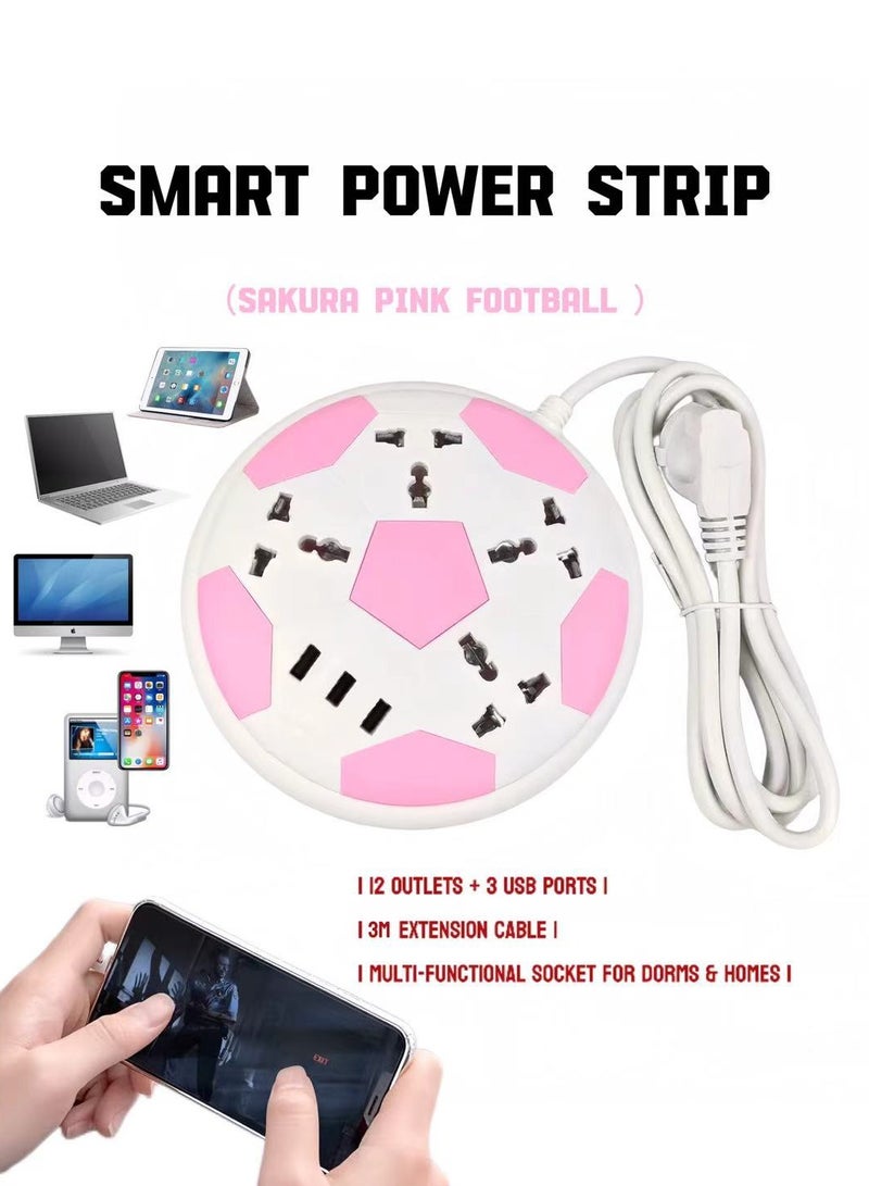 يلينكين Sakura Pink Football Smart Power Strip  12 منفذ + 3 منافذ USB  كابل تمديد 3 متر  ديكور سطح المكتب الجمالي  منفذ متعدد الوظائف للمنزلات والمنازل - Image 1