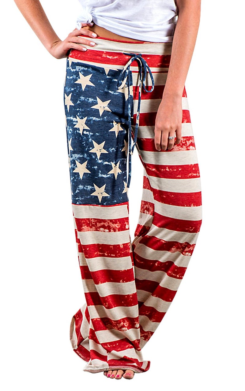 AMiERY Women's Red Pajamas Pants 4th of July American USA Flag Pant Women High Waisted Wide Leg Palazzo Pants Lounge Trousers US 6 - Image 1