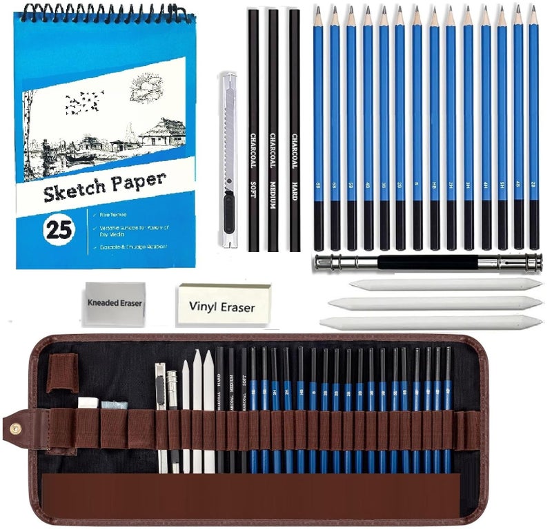 Corslet 30pc Drawing Pencils Sketch Pencil Set 25 Sheets Sketchbook A5 Art Supplies Set for Beginners Professional Sketching Kit Graphite Charcoal Pencil Blending Stump Drawing Kit Shading Pencils Set - Image 1