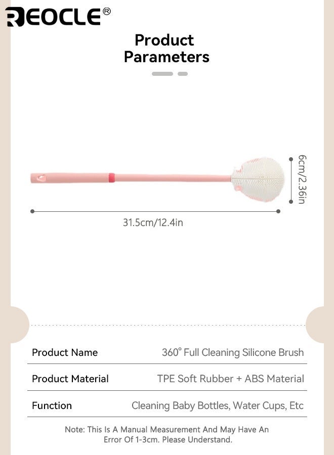 REOCLE 360° Full Cleaning Silicone Brush with Foldable Head Extended Handle for Easier Cleaning Slender and Soft Bristles Silicone Material Reusable for Bottles and Cups - Image 3