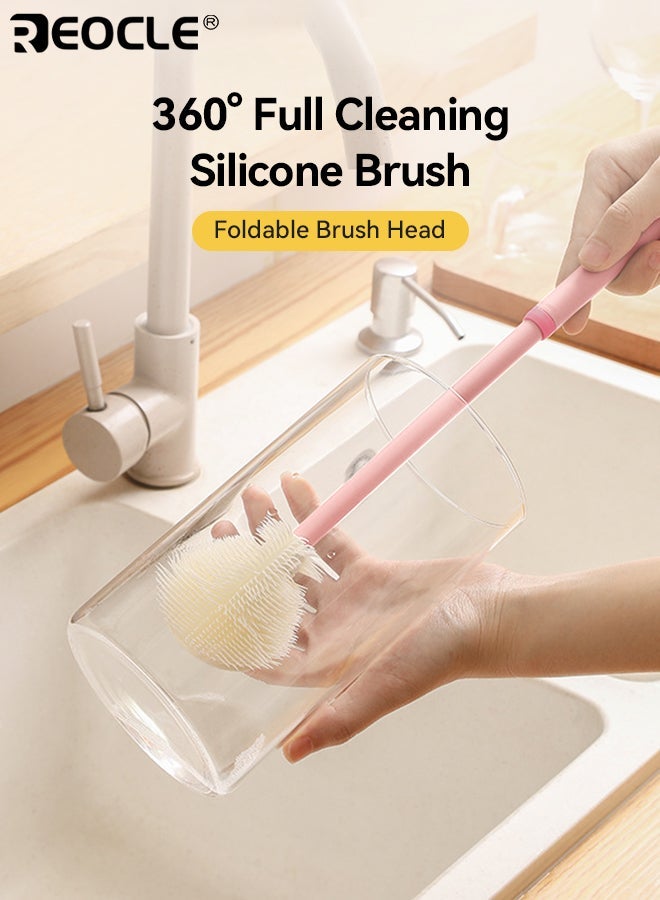 REOCLE 360° Full Cleaning Silicone Brush with Foldable Head Extended Handle for Easier Cleaning Slender and Soft Bristles Silicone Material Reusable for Bottles and Cups - Image 1