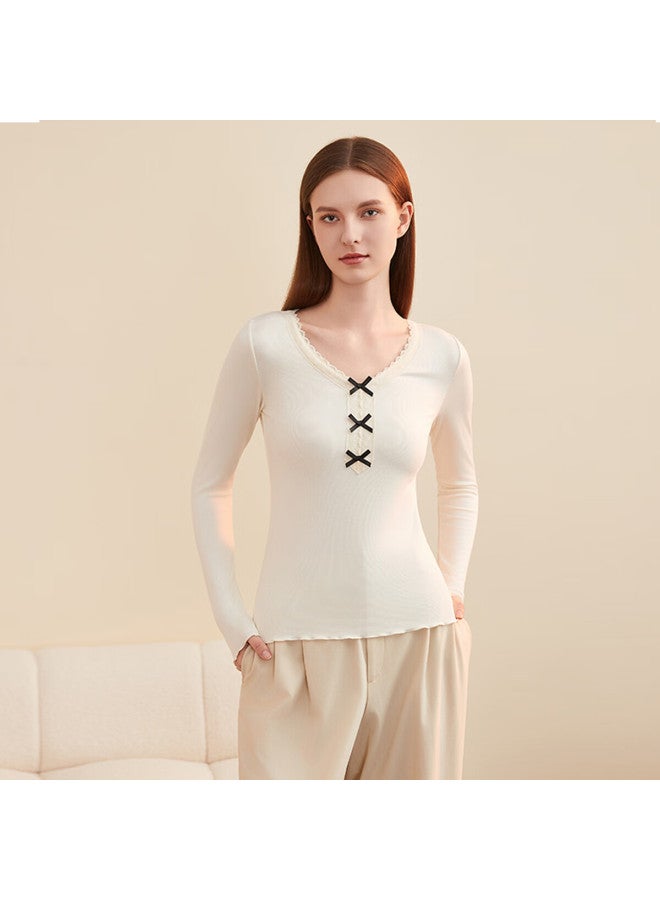 Dingguagua Dingguagua Women's Thermal Underwear Modal Lace Large Round Neck Women's Warm Base Shirt Moonlight White 165