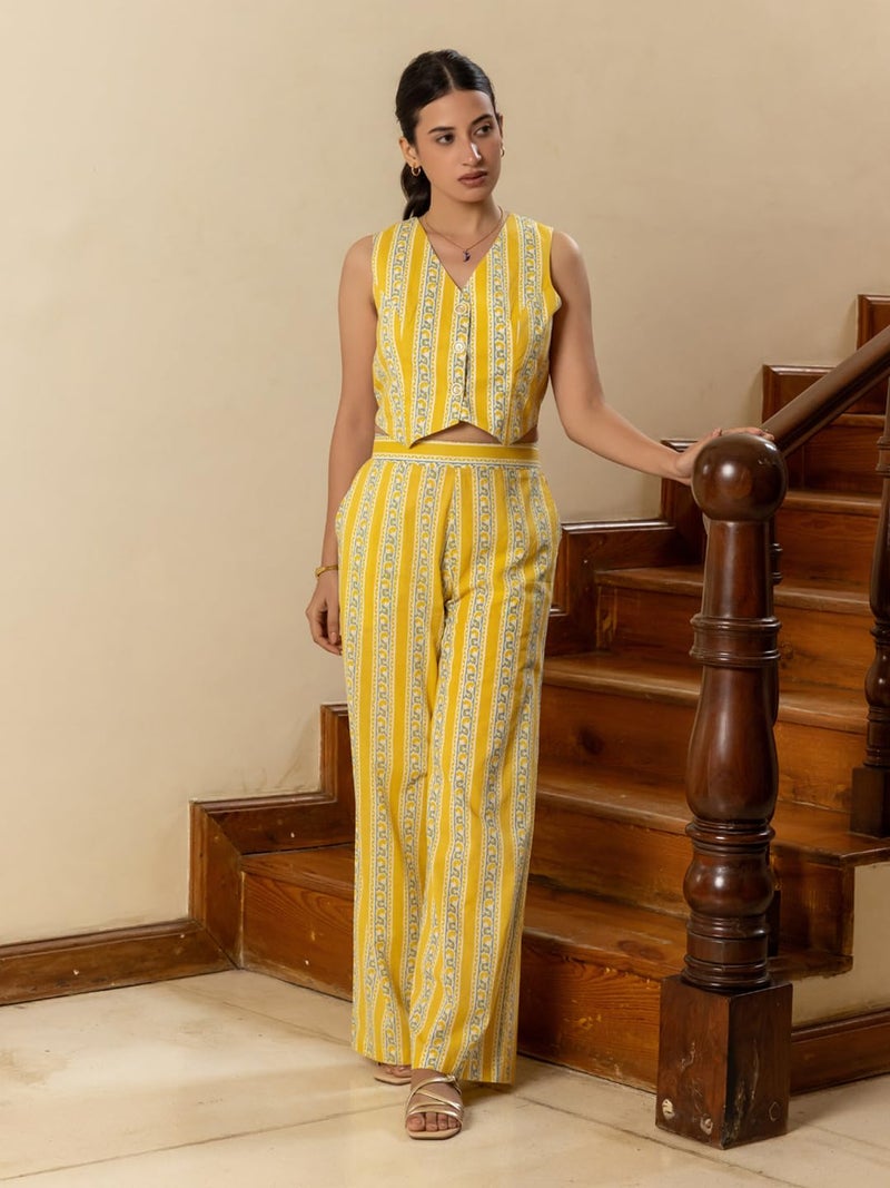 FIORRA Women's Yellow Cotton Printed Co-ord Set - Image 3