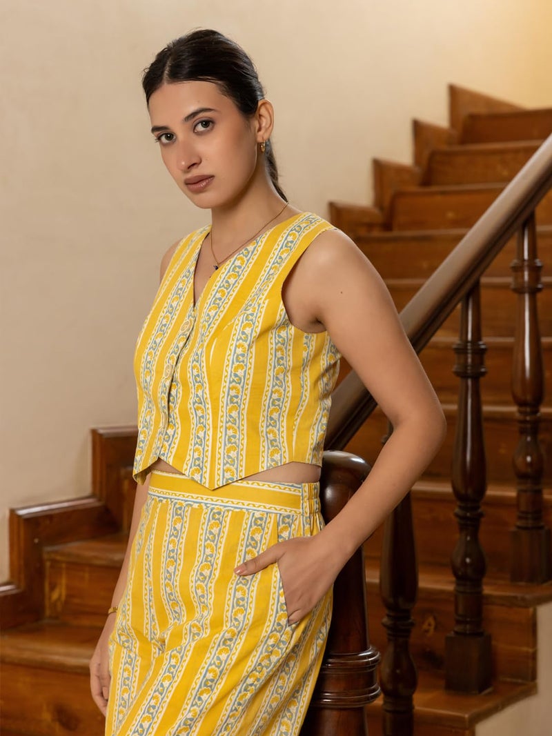 FIORRA Women's Yellow Cotton Printed Co-ord Set - Image 4