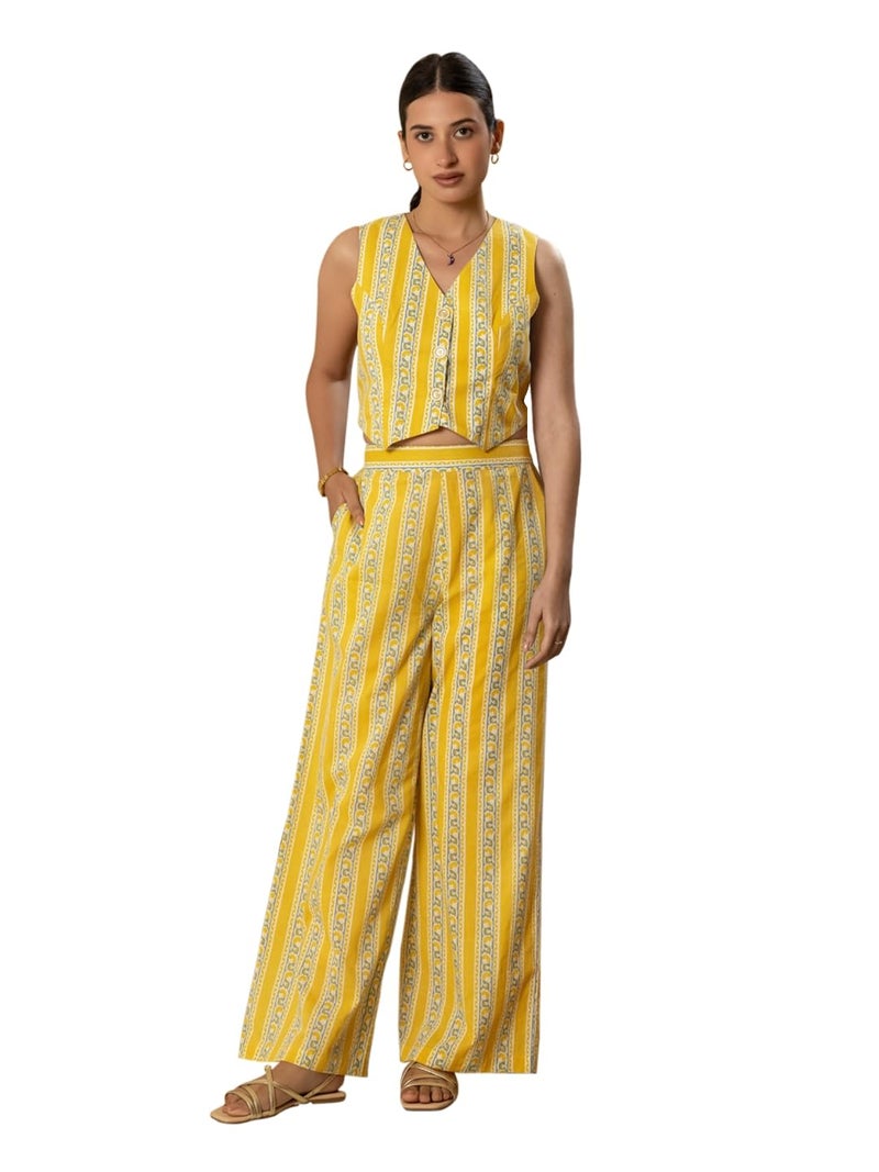 FIORRA Women's Yellow Cotton Printed Co-ord Set - Image 1