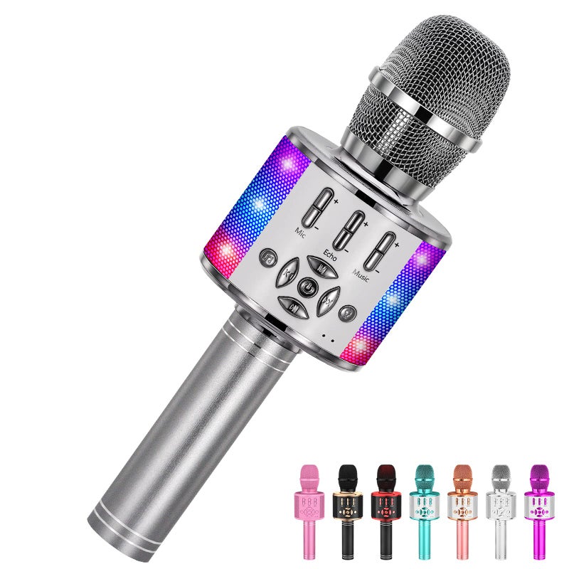 Amazmic Kids Karaoke Microphone Machine Toy Bluetooth Microphone Portable Wireless Karaoke Machine Handheld with LED Lights Gift for Children Adults Birthday Party Home KTVGray - Image 2