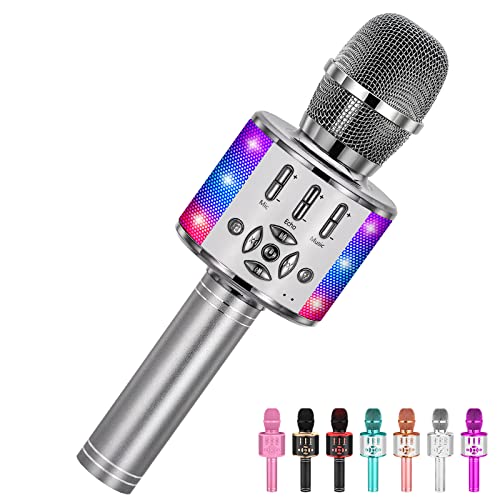 Amazmic Kids Karaoke Microphone Machine Toy Bluetooth Microphone Portable Wireless Karaoke Machine Handheld with LED Lights Gift for Children Adults Birthday Party Home KTVGray - Image 1