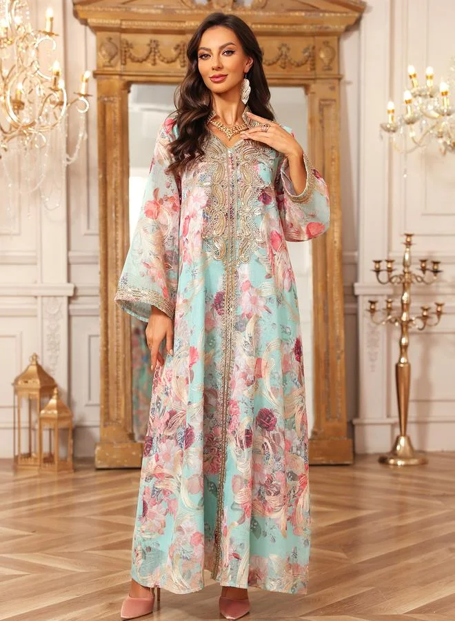 Take Two Floral Print Maxi Jalabiya With Gold Embroidery