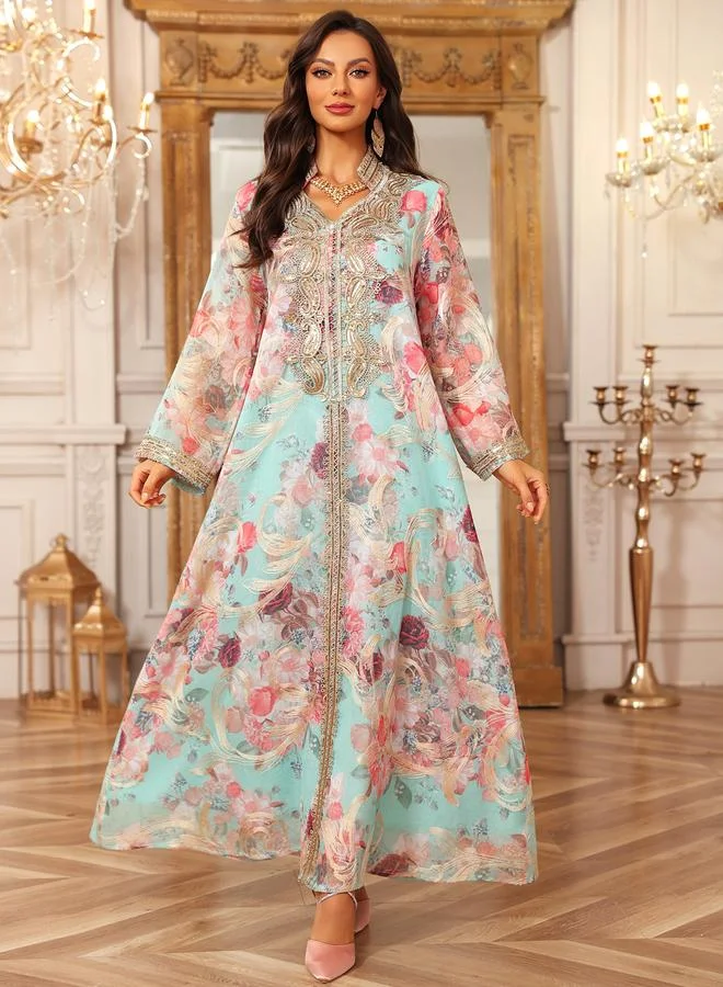 Take Two Floral Print Maxi Jalabiya With Gold Embroidery