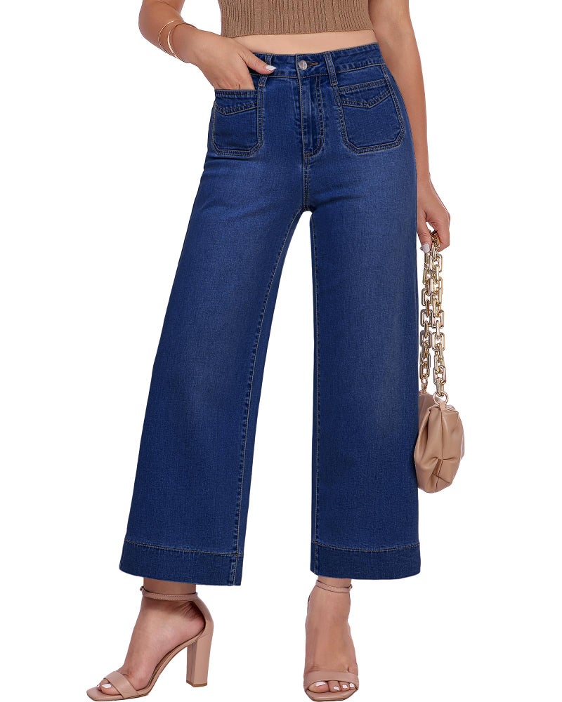 GRAPENT Cute Jeans Concert Outfits Women Cowgirl Pants for Womens Trendy Stretchy High Rise Wide Leg Wide Leg Cropped Jeans, Darkness Blue, S, US Size 4 to 6 - Image 1