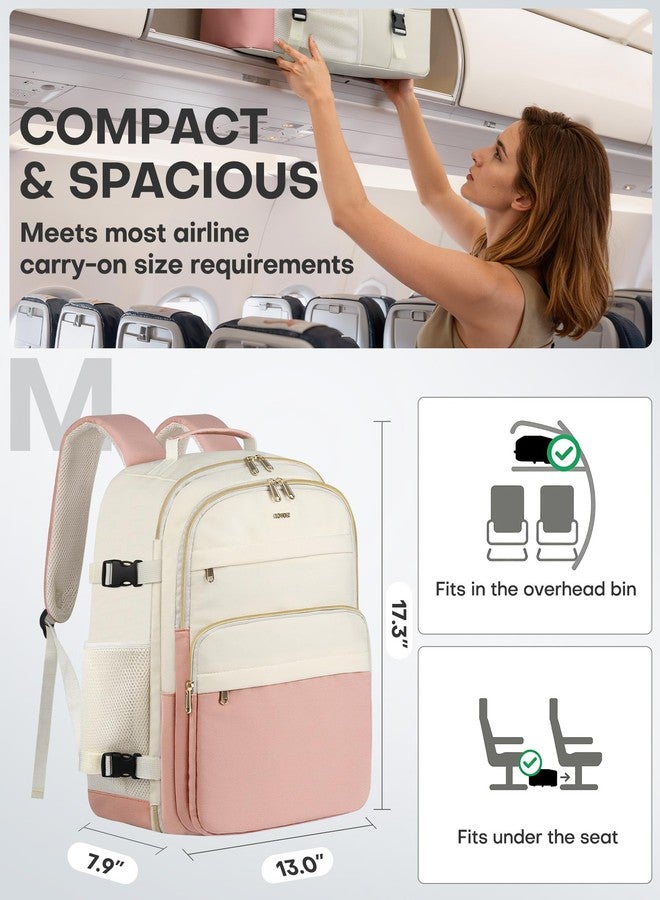 HOTOR Travel Backpack for Women - Large 15.6 Inch Laptop Computer Bag Carry on Backpack Flight Approved Personal Item Bag, Pink and Beige, 13.0" x 7.9" x 17.3" - Image 2
