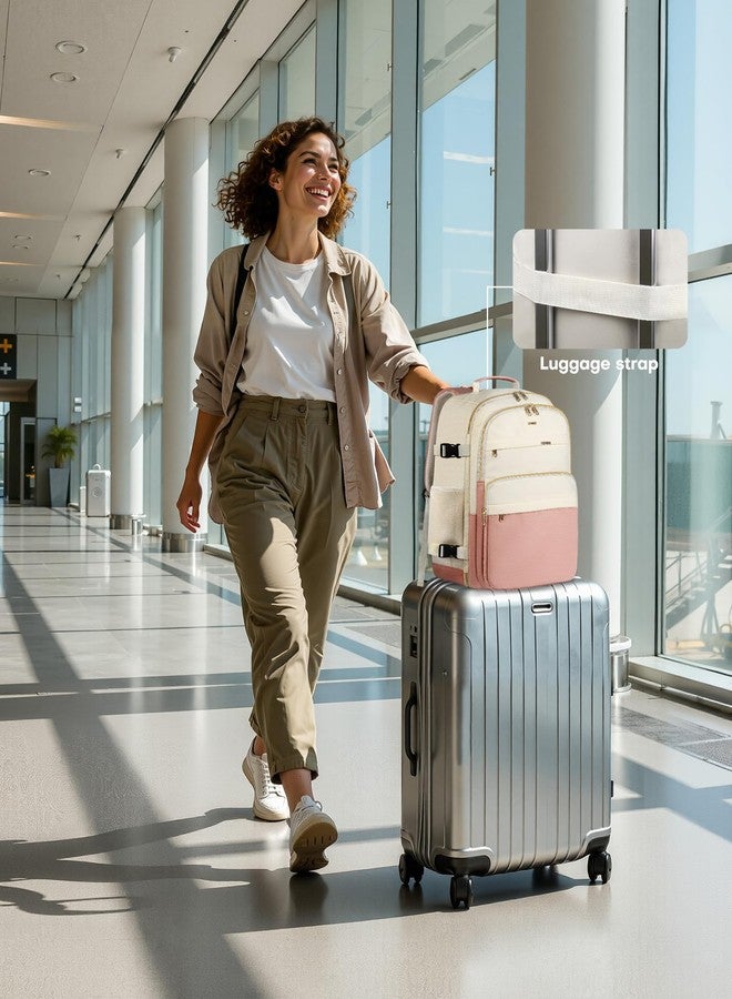 HOTOR Travel Backpack for Women - Large 15.6 Inch Laptop Computer Bag Carry on Backpack Flight Approved Personal Item Bag, Pink and Beige, 13.0" x 7.9" x 17.3" - Image 3