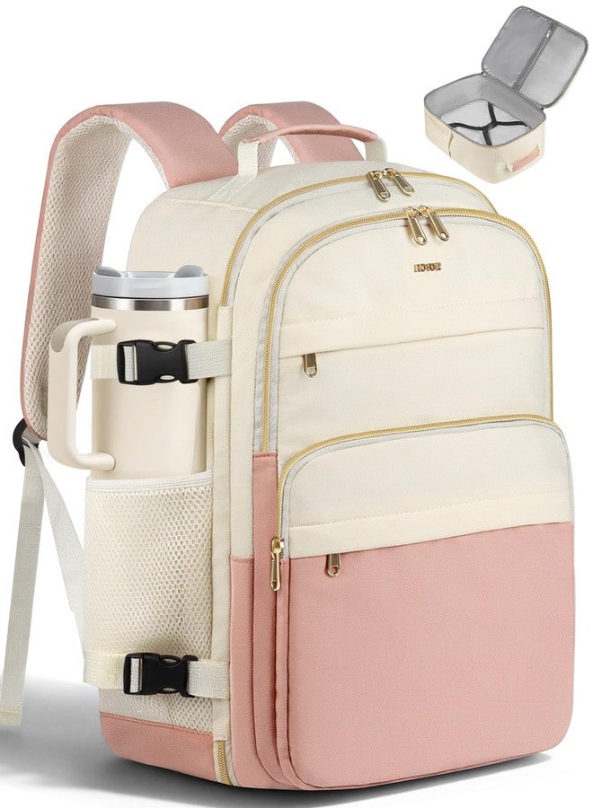 HOTOR Travel Backpack for Women - Large 15.6 Inch Laptop Computer Bag Carry on Backpack Flight Approved Personal Item Bag, Pink and Beige, 13.0" x 7.9" x 17.3" - Image 1