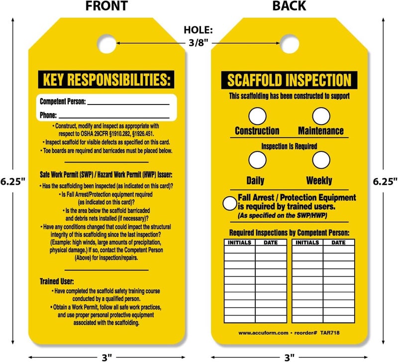 Accuform 100 Inspection and Status Tags by-The-Roll, Scaffold Inspection, US Made OSHA Compliant Tags, Waterproof PF-Cardstock, Resists Tears, 6.25"x3", TAR718 - Image 2
