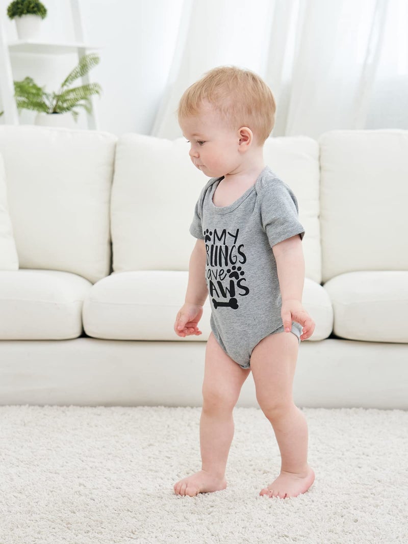 Funnycokid Infant Romper Jumpsuit Clothes My Siblings Have Paws Short Sleeve Bodysuits Cotton, Grey, 70/0-3 Months - Image 4