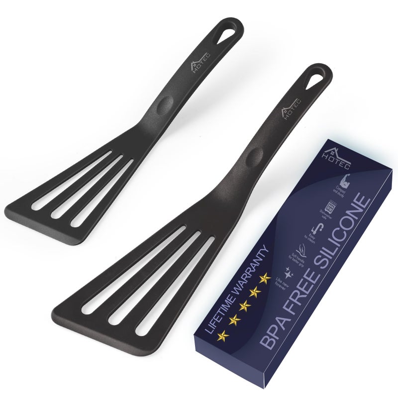 HOTEC 600 Heat Resistant Silicone Slotted Fish Turner Spatula Set BPA Free Flipper Cooking Spatulas for Non Stick Cookware Dishwasher Safe Black