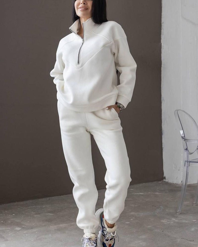 2023 cross-border spring and autumn fashion casual hooded sweater two-piece long sleeve solid color fleece skinny casual suit Brown - Image 4