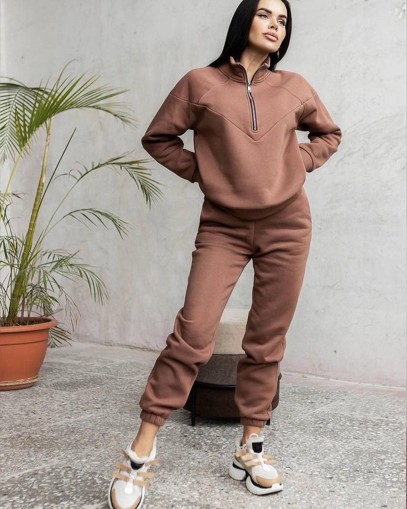 2023 cross-border spring and autumn fashion casual hooded sweater two-piece long sleeve solid color fleece skinny casual suit Brown - Image 1