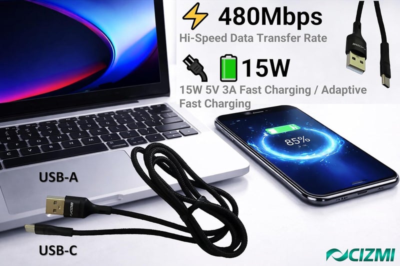 سيزمي ✦ كيبل USB-A الى USB-C للمنزل والسيارة من سيزمي، 1 متر | شاحن سريع 15 واط 5 فولت 3 امبير | USB 2.0 480Mbps | متوافق مع ايفون 17/16/15 وسامسونج جالكسي واللابتوب والسيارات والشواحن والكمبيوتر والمزيد - Image 3