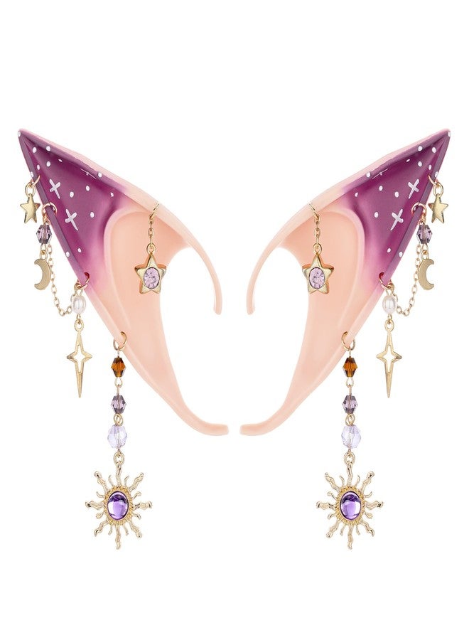 FRESHME Renaissance Elf Pixie Ears - Purple Fairy Ears with Piercings with Sun Moon Pendants Halloween Costume Renfaire Anime Fantasy LARP Rave Carnival Cosplay Accessories - Image 1