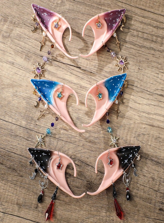 FRESHME Renaissance Elf Pixie Ears - Purple Fairy Ears with Piercings with Sun Moon Pendants Halloween Costume Renfaire Anime Fantasy LARP Rave Carnival Cosplay Accessories - Image 5