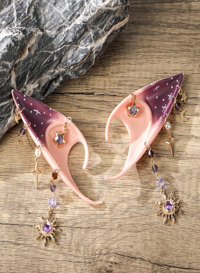 FRESHME Renaissance Elf Pixie Ears - Purple Fairy Ears with Piercings with Sun Moon Pendants Halloween Costume Renfaire Anime Fantasy LARP Rave Carnival Cosplay Accessories - Image 4