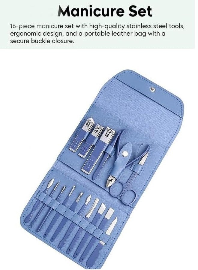 Taxila 16 in 1 Manicure Kit Stainless Steel Pedicure Kit Nail Care Tools Toenail Clippers with Luxury Leather Bag (Blue) - Image 5