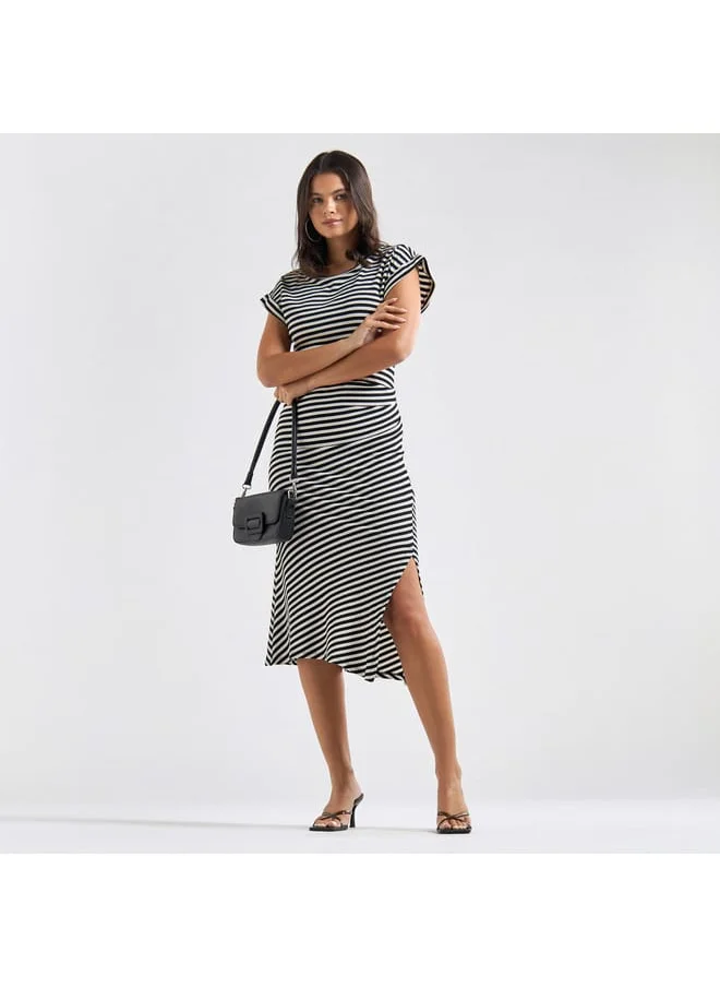 FAV Striped Bodycon Midi Dress with Round Neck and Extended Sleeves