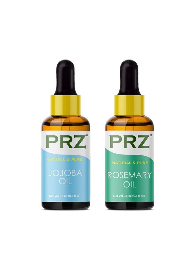 PRZ Combo Of Cold Pressed Jojoba Carrier Oil & Rosemary Essential Oil 100% Pure Natural & Therapeutic Grade Oil For Aromatherapy Body Massage Skin Care & Hair Growth (15Ml Each)  - Image 1