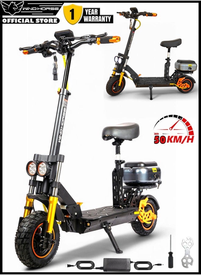 Wind Horse H4 Pro Electric Scooter with 1800W Motor, 48V 23Ah Battery, 50KM/H Speed, 50KM Range, 11 Inches Tires, Dual Suspension, Disc Brakes, Remote Lock System, Storage Box and Seat  - Image 1