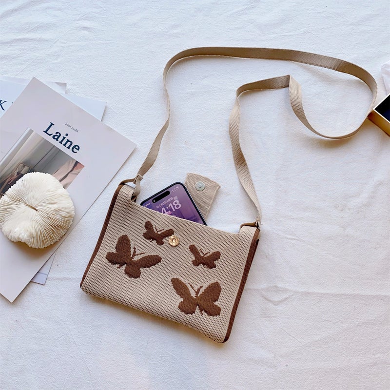 Japanese And Korean-Style Sweet Cool Girl Crossbody Knitted Butterfly Mobile Phone Bag Spring Small Fresh Butterfly Flying Woven Mini Bag - Image 1