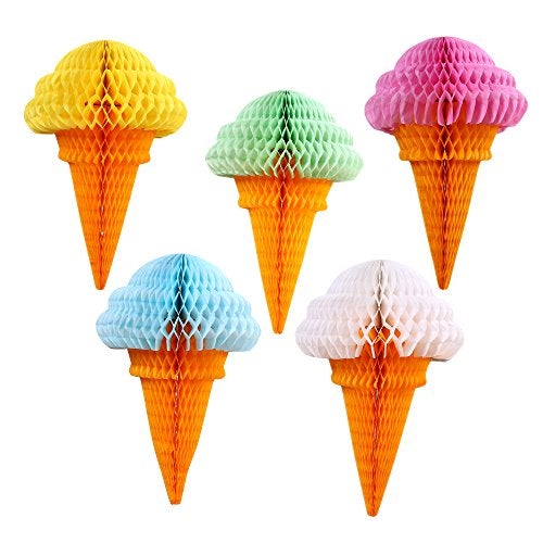 zilue Ice Cream Party Decorations, Hanging Ice Cream Paper Honeycomb Decorations for Birthday Party Baby Shower Two Sweet Party Decor Pack of 5 Mix - Image 1