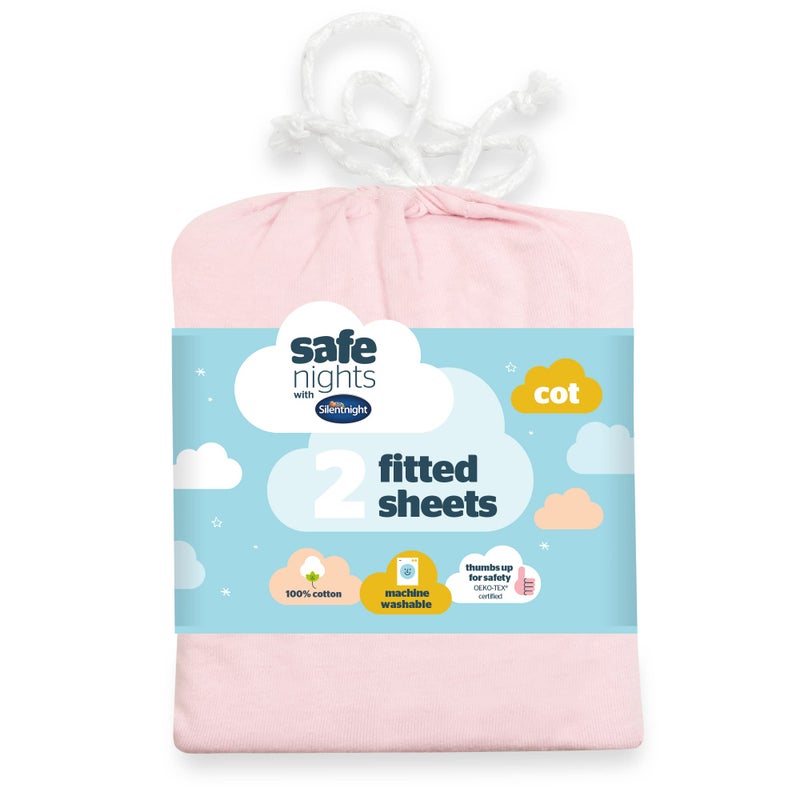 Silentnight Safe Nights Cot Size Fitted Sheets Set 100% Jersey Cotton Bedside Compatible Pack of Two Pink Easy Care Super Soft Cuddly for Baby with Storage Bag (70cm x140cm x 12cm) - Image 1