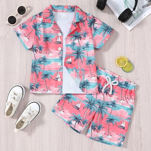 YUEMION Boys Hawaiian Outfit 2Pcs Set Summer Beach Button-Down Shirt Top + Shorts for Kids(Pink - palm tree, 5-6 Years) - Image 2