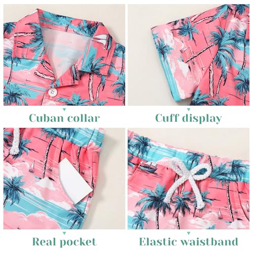 YUEMION Boys Hawaiian Outfit 2Pcs Set Summer Beach Button-Down Shirt Top + Shorts for Kids(Pink - palm tree, 5-6 Years) - Image 4