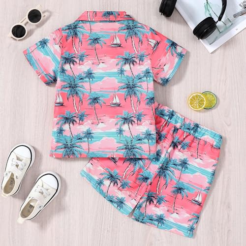 YUEMION Boys Hawaiian Outfit 2Pcs Set Summer Beach Button-Down Shirt Top + Shorts for Kids(Pink - palm tree, 5-6 Years) - Image 3