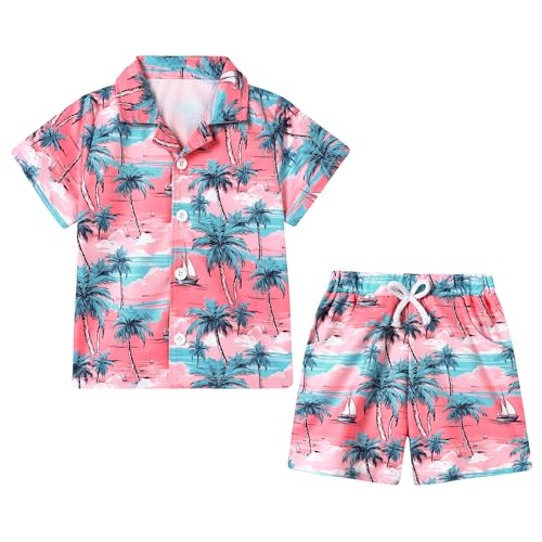 YUEMION Boys Hawaiian Outfit 2Pcs Set Summer Beach Button-Down Shirt Top + Shorts for Kids(Pink - palm tree, 5-6 Years) - Image 1
