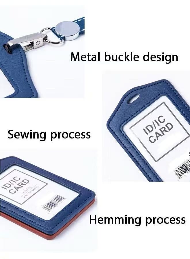 Unisex Transparent Badge Holder with Lanyard, PU Leather ID Card Badge Name Tag Holder with Stainless Steel J-Hook Nylon Lanyard for Work ID, Access Card, School ID, Metro Card, Blue - 1 Piece - Image 4