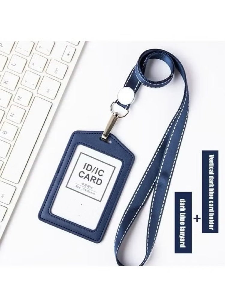 Unisex Transparent Badge Holder with Lanyard, PU Leather ID Card Badge Name Tag Holder with Stainless Steel J-Hook Nylon Lanyard for Work ID, Access Card, School ID, Metro Card, Blue - 1 Piece - Image 1