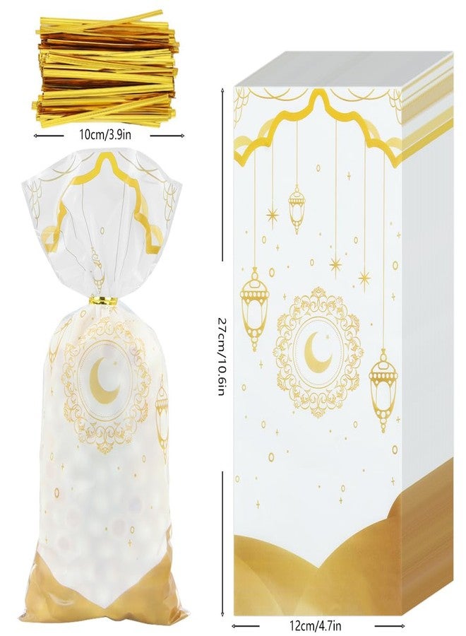 Boerni Eid Mubarak Cellophane Candy Bags 100Pieces, Muslim Castle Moon Star Pattern Ramadan Treat Bags Cellophane Bags Goody Favor Bags with Gold Twist Ties for Eid Iftar Diwali Party Supplies - 4 Designs - Image 2