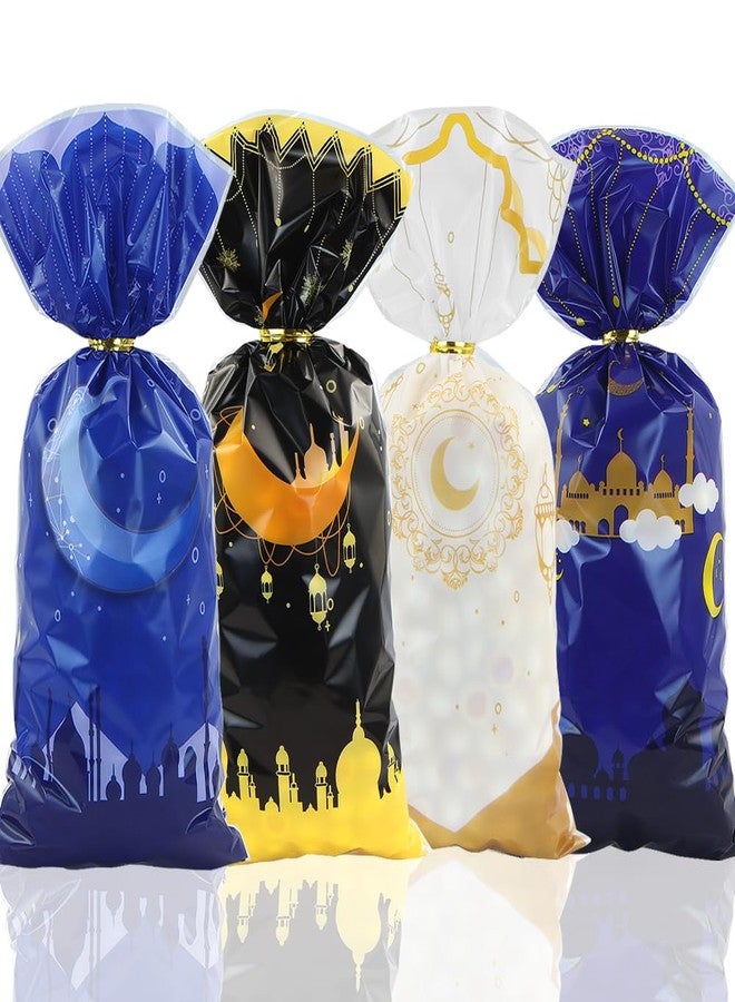 Boerni Eid Mubarak Cellophane Candy Bags 100Pieces, Muslim Castle Moon Star Pattern Ramadan Treat Bags Cellophane Bags Goody Favor Bags with Gold Twist Ties for Eid Iftar Diwali Party Supplies - 4 Designs - Image 1
