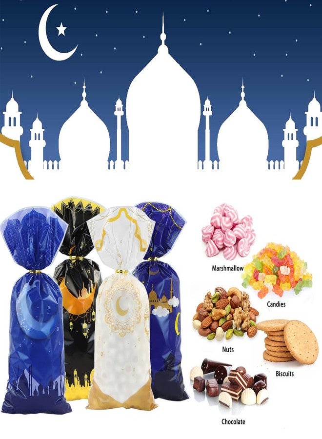 Boerni Eid Mubarak Cellophane Candy Bags 100Pieces, Muslim Castle Moon Star Pattern Ramadan Treat Bags Cellophane Bags Goody Favor Bags with Gold Twist Ties for Eid Iftar Diwali Party Supplies - 4 Designs - Image 4