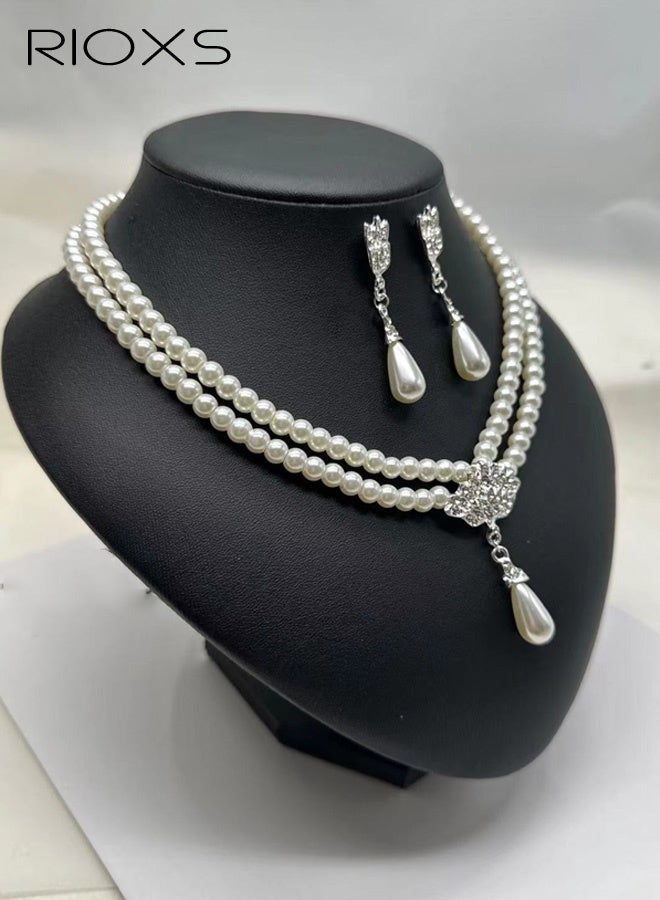 RIOXS 2 Pcs Pearl Jewelry Set for Women, Elegant Glitter Rhinestone Pearl Necklace and Drop Earrings, Silver Crystal Multilayer Bride Pearl Jewelry Accessories for Valentine, Wedding, Costume, Prom, Party - Image 3
