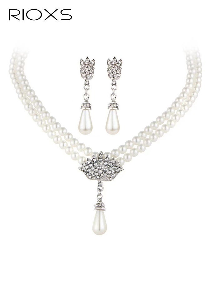 RIOXS 2 Pcs Pearl Jewelry Set for Women, Elegant Glitter Rhinestone Pearl Necklace and Drop Earrings, Silver Crystal Multilayer Bride Pearl Jewelry Accessories for Valentine, Wedding, Costume, Prom, Party - Image 4
