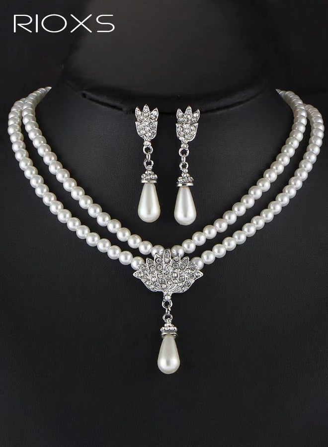 RIOXS 2 Pcs Pearl Jewelry Set for Women, Elegant Glitter Rhinestone Pearl Necklace and Drop Earrings, Silver Crystal Multilayer Bride Pearl Jewelry Accessories for Valentine, Wedding, Costume, Prom, Party - Image 1