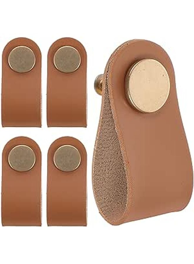 6Pcs Brown PU Leather Cabinet Handles Drawer Pulls For Wardrobe Cupboard Furniture - Image 1