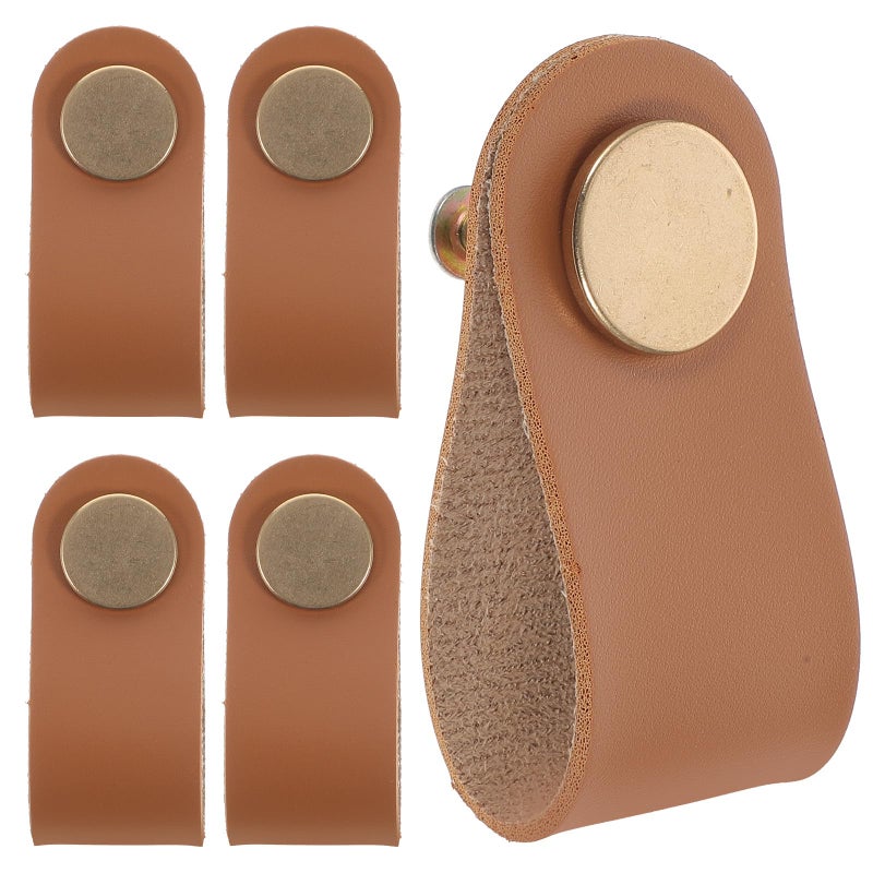6Pcs Brown PU Leather Cabinet Handles Drawer Pulls For Wardrobe Cupboard Furniture - Image 2